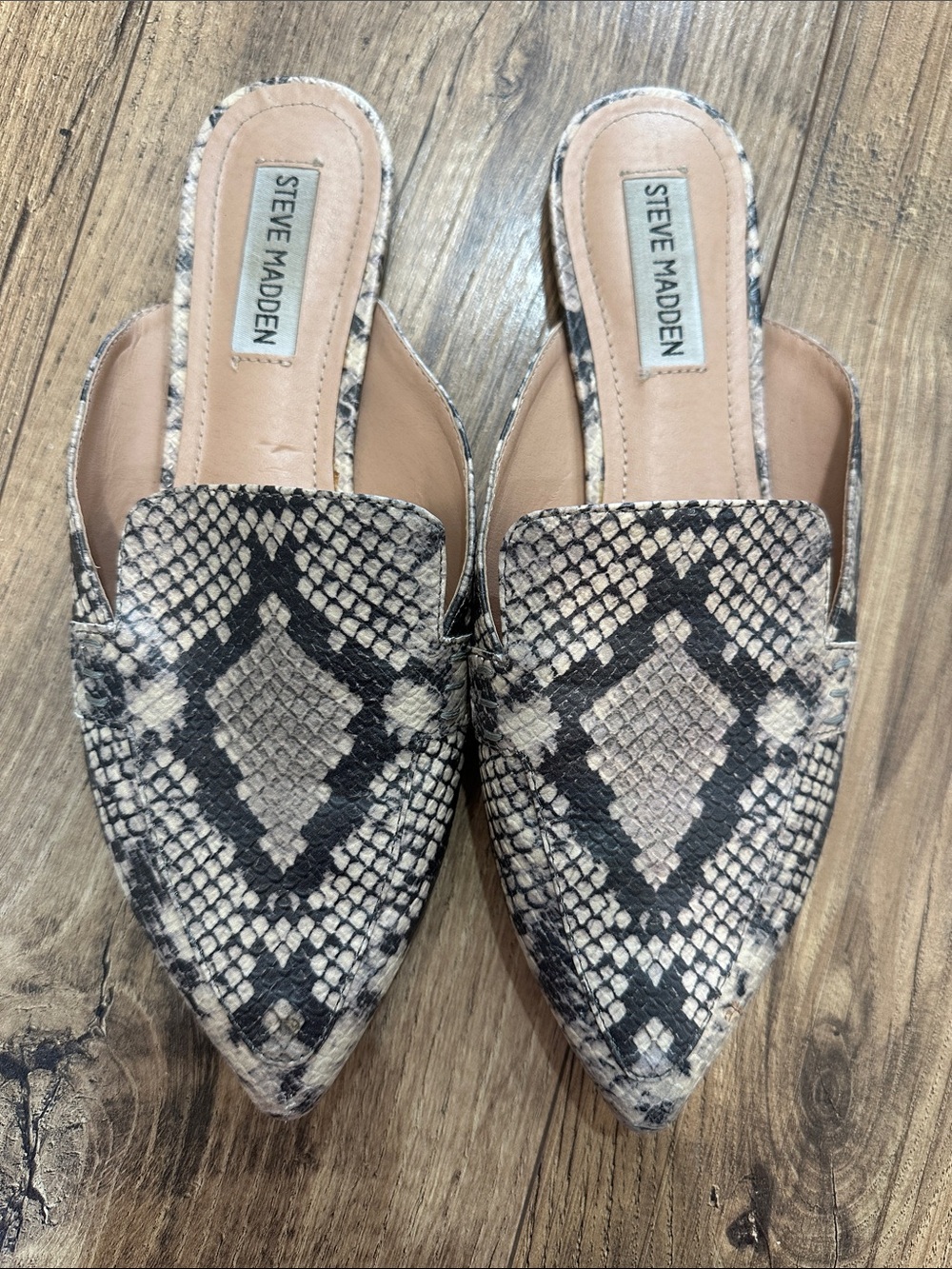 Steve Madden Pointed Snake-Print Mules in Taupe and Black